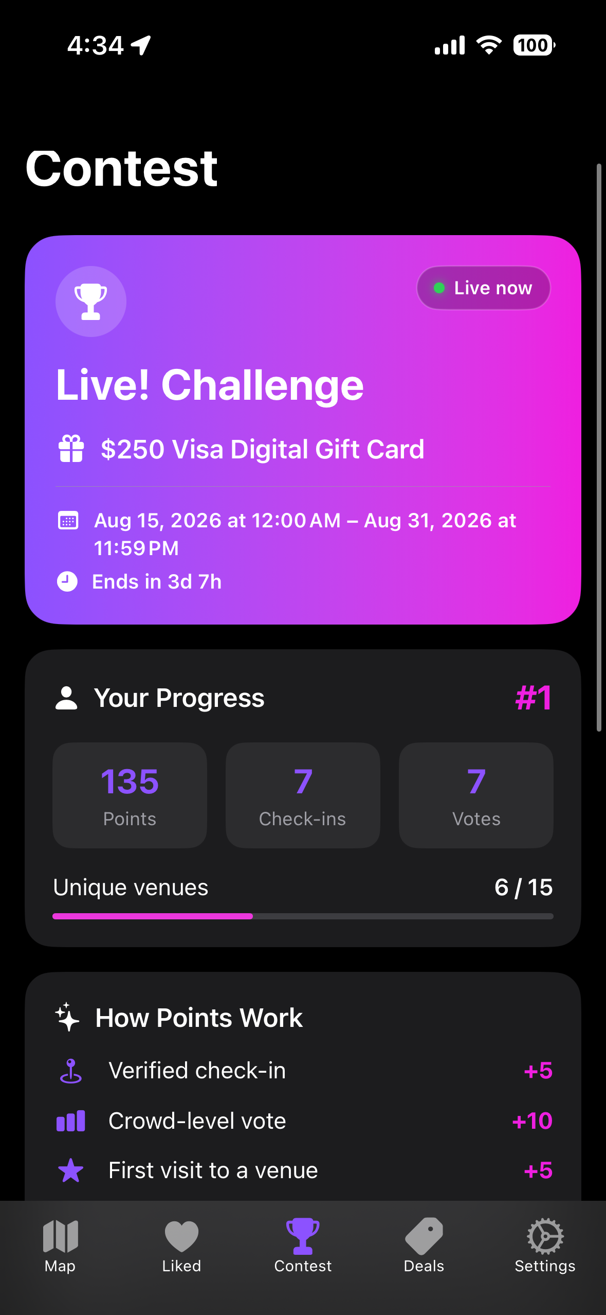 Live! contest screen showing the active challenge, prize, progress, and point system