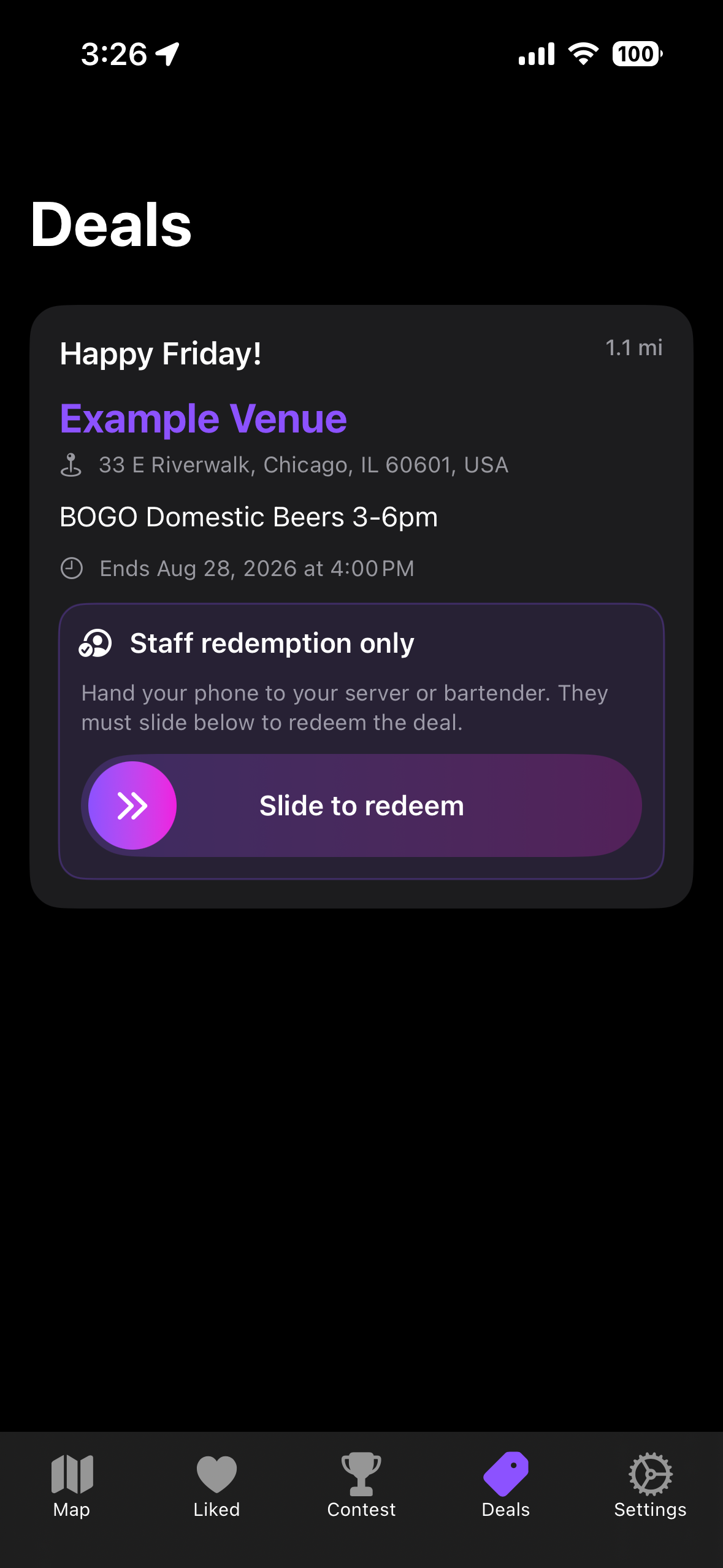 Live! deals screen showing a venue offer and staff redemption slider